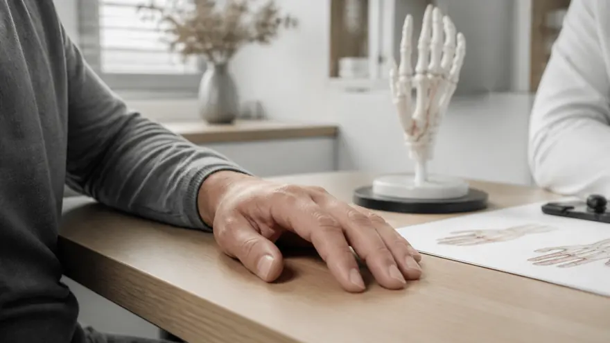 Hand eines Patienten auf einem Behandlungstisch, daneben ein anatomisches Handmodell
