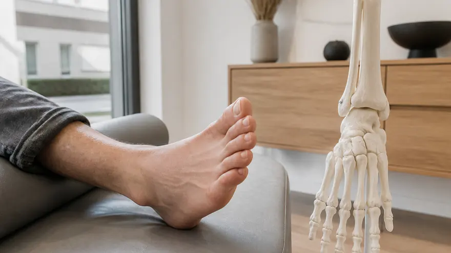 Fuß eines Patienten auf einer Liege, daneben ein anatomisches Fußmodell