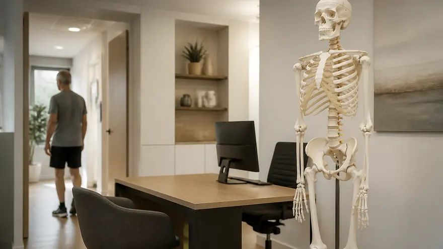Sprechzimmer mit anatomischem Skelettmodell, im Flur ein Patient