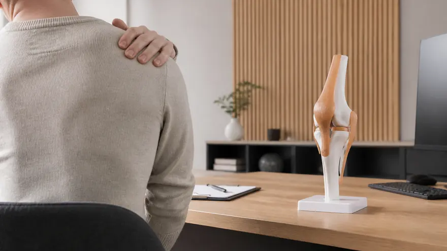 Patient fasst sich an die Schulter, auf dem Tisch ein anatomisches Kniemodell